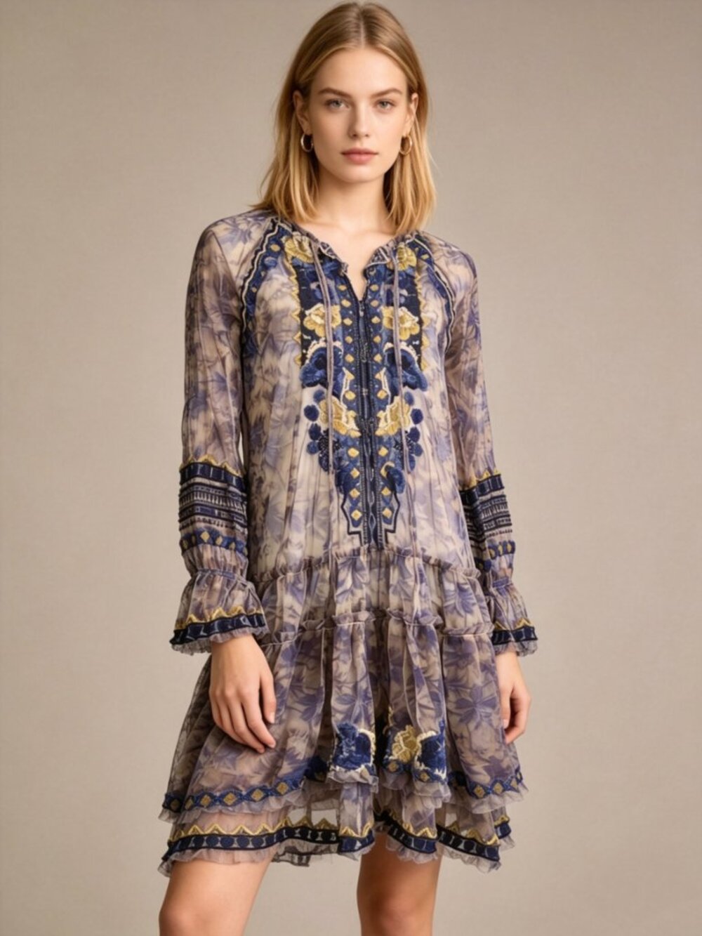 NWOT JOHNNY WAS Biya Floral Embroidered Tiered MESH Mini DRESS Size S